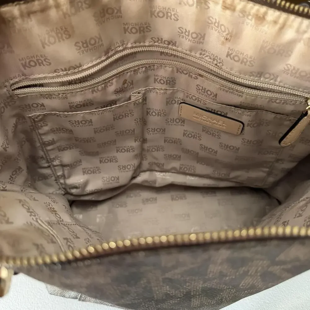 Michael Kors Tote Bag Womens Large Brown Logo PVC Leather Zip Shoulder Handbag